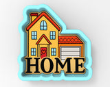 A cookie cutter-shaped image depicting a house with a garage, with the word "HOME" prominently displayed in the center.