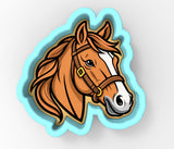 A stylized illustration of a horse's head, featuring a detailed and colorful depiction of the horse's features.