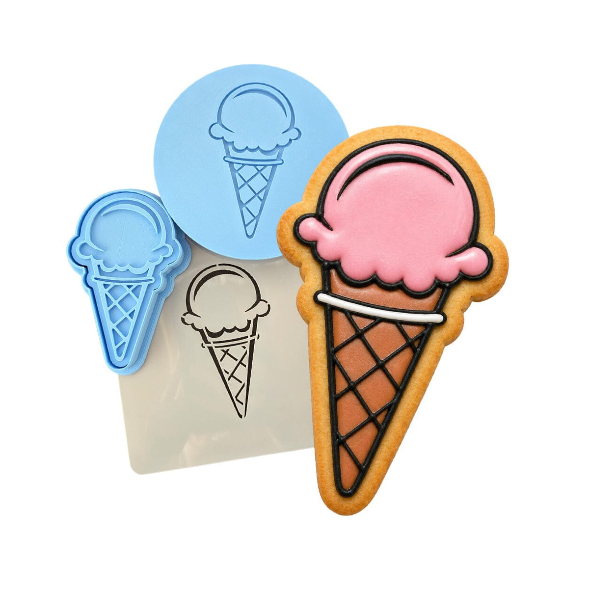 Ice Cream Cone Cookie Cutter | Stamp | Stencil #1 Beach / Summer Cookie Cutter Lady MINI - 2 Inches (5cm) **FULL SET BUNDLE** Cutter + Stamp + Stencil + Debosser **BEST DEAL** 