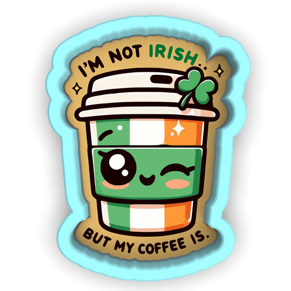 a sticker of a coffee cup with a shamrock on it