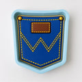 A blue and yellow pattern resembling a jean pocket or a pocket-shaped object.