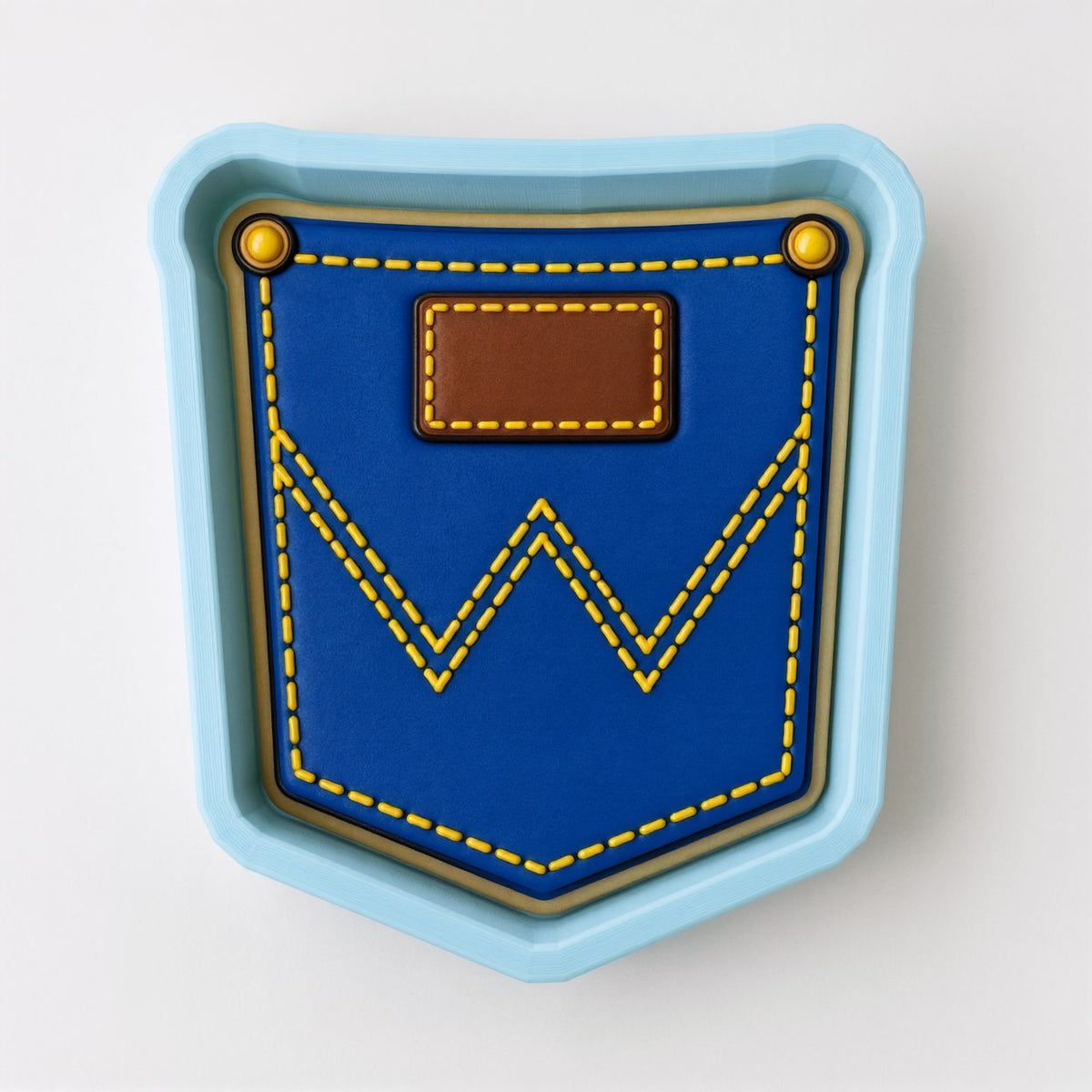 A blue and yellow pattern resembling a jean pocket or a pocket-shaped object.