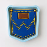 A blue and yellow pattern resembling a jean pocket or a pocket-shaped object.