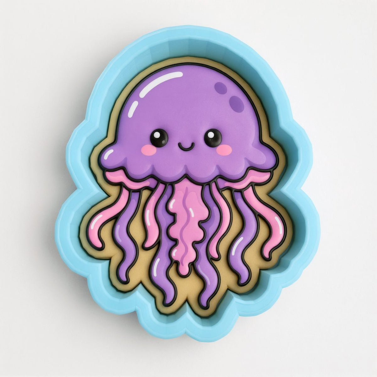 A blue cookie cutter shaped like a purple jellyfish with pink tentacles.