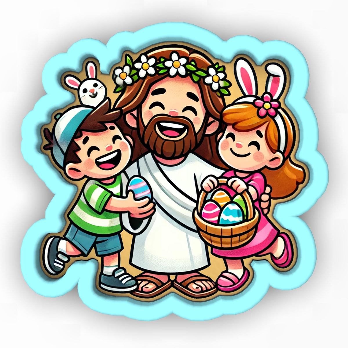 a cartoon of jesus with two children and an easter basket