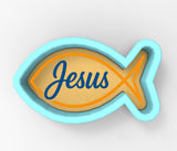 A 3D rendering of a fish-shaped cookie cutter with the word "Jesus" written on it.