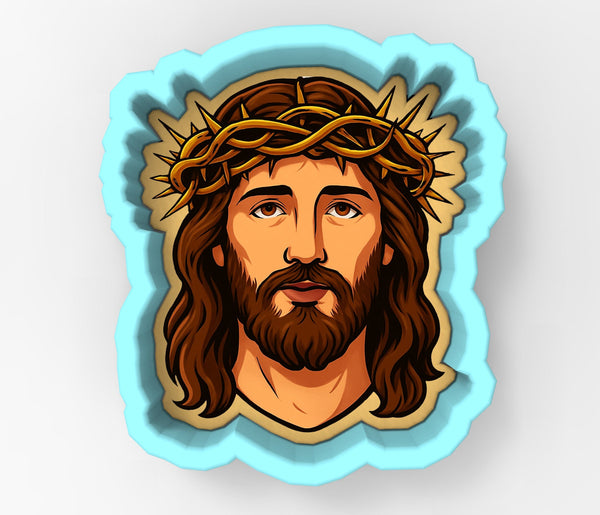 A stylized illustration of a man wearing a crown of thorns, with a serious expression on his face.