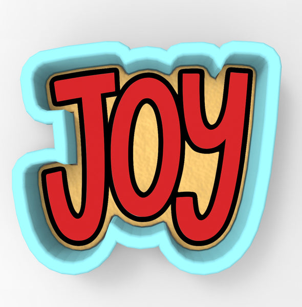 a large, stylized word "JOY" in bold red letters against a light blue background.