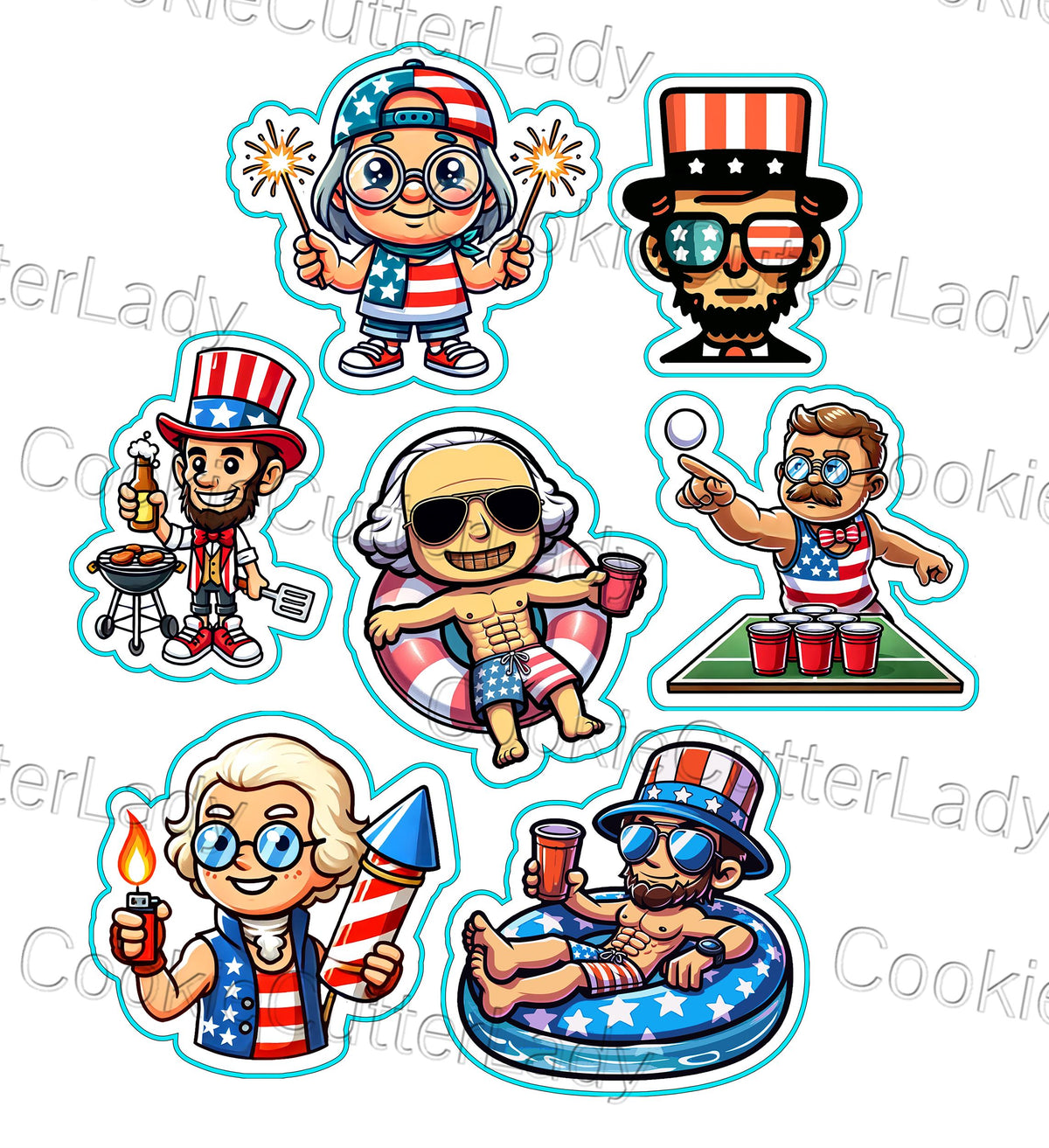 July 4th Presidents Party Cookie Cutter Set | Stamp | Stencil | Debosser St Pats / July 4th Cookie Cutter Lady All 7 Designs Cutter Only 