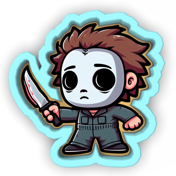 a sticker of a cartoon character holding a knife