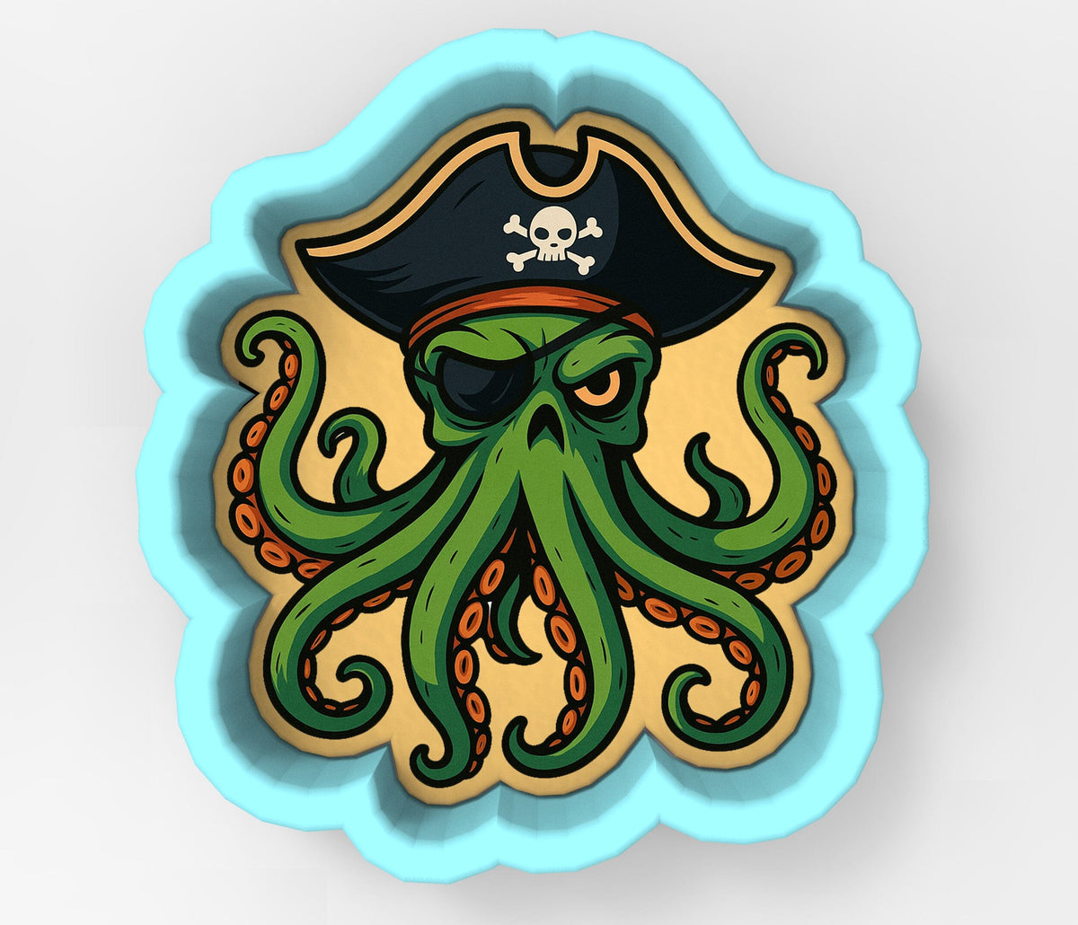 A pirate-themed cookie cutter with an octopus face and a pirate hat.