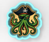 A pirate-themed cookie cutter with an octopus face and a pirate hat.
