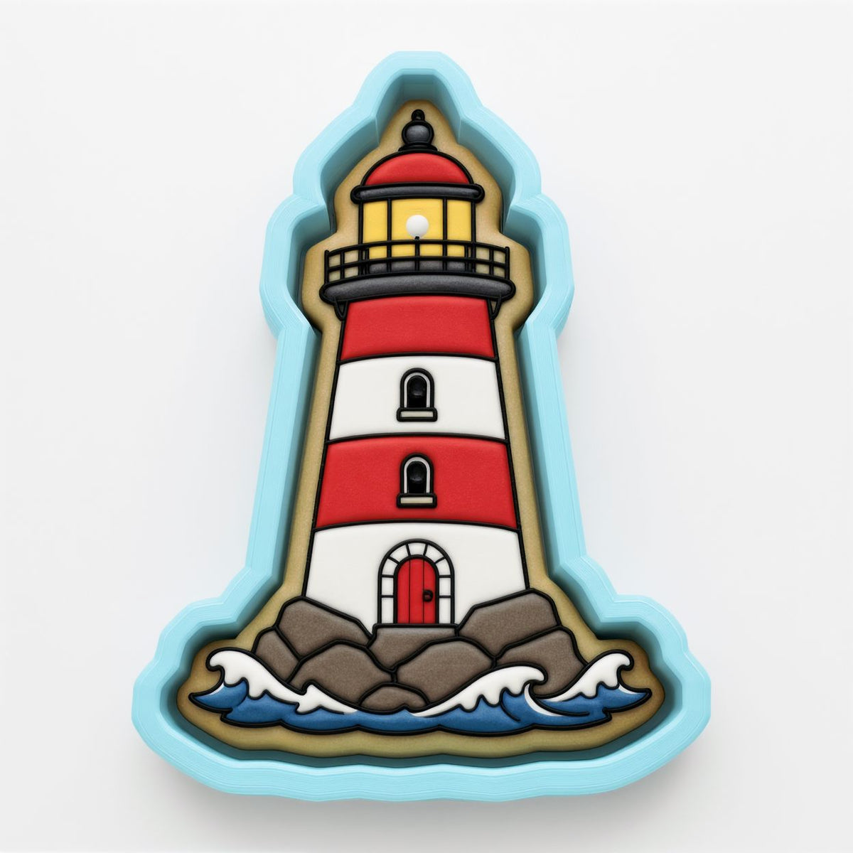 A cookie cutter shaped like a lighthouse, with a red and white striped body, a yellow light at the top, and a red door at the bottom.