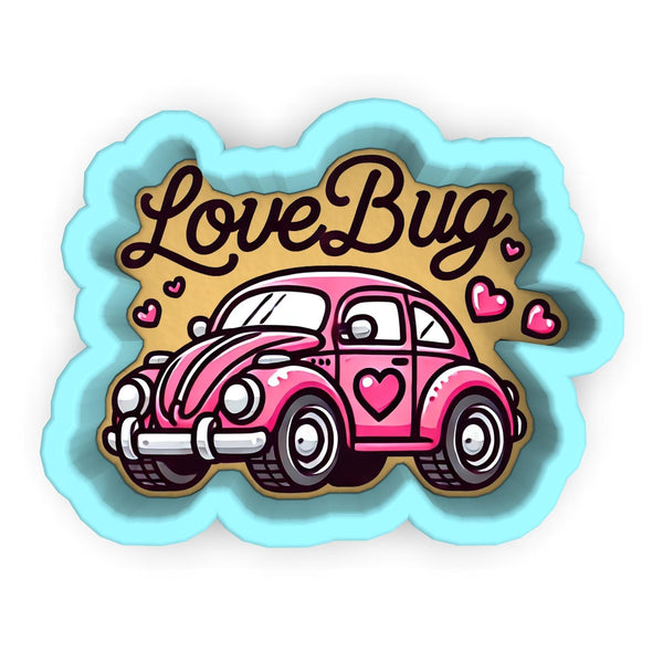 a sticker of a pink car with the words love bug on it