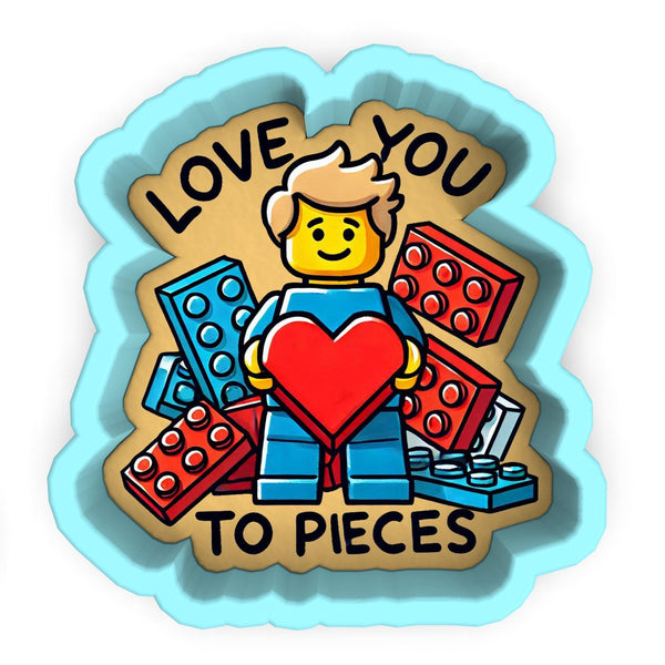 a sticker of a man holding a heart surrounded by legos