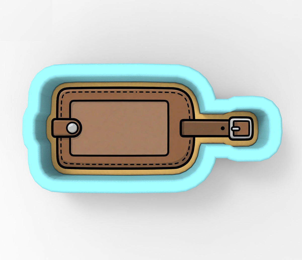 A blue and brown luggage tag with a leather strap, designed to fit inside a blue container.