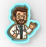A cartoon illustration of a smiling man wearing a white coat and glasses, with a stethoscope around his neck.