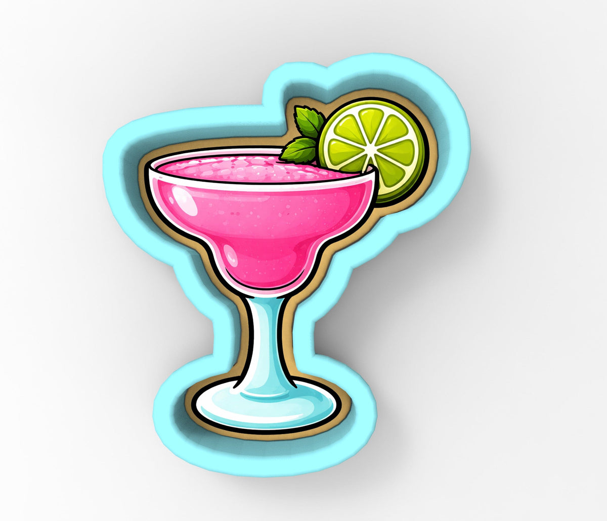 A pink cocktail in a martini glass, garnished with a lime slice and mint leaf, is depicted in the image.