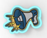 A blue and gray megaphone with yellow lightning bolts emanating from it.