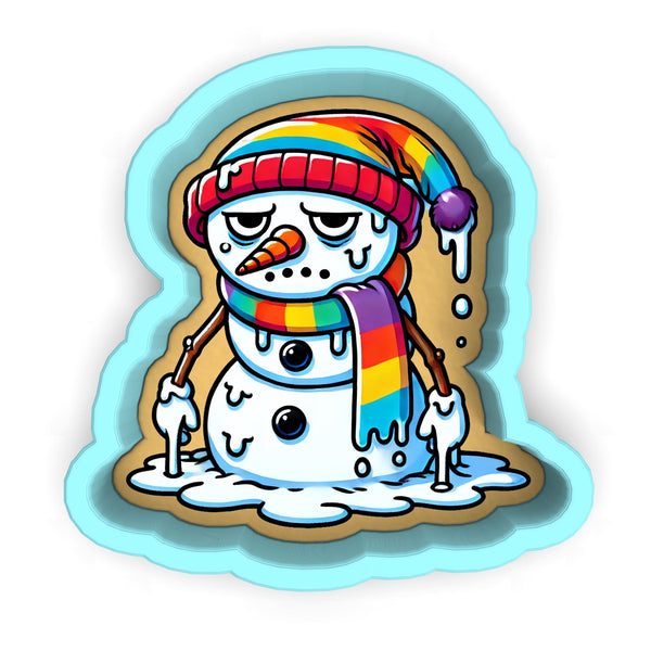 a snowman with a rainbow hat and scarf