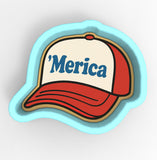 a red and white cap with the word merica on it
