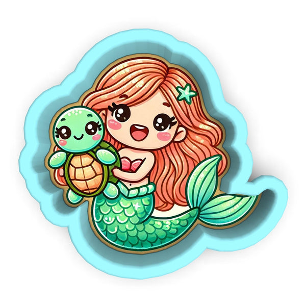 a little mermaid holding a turtle in her hand