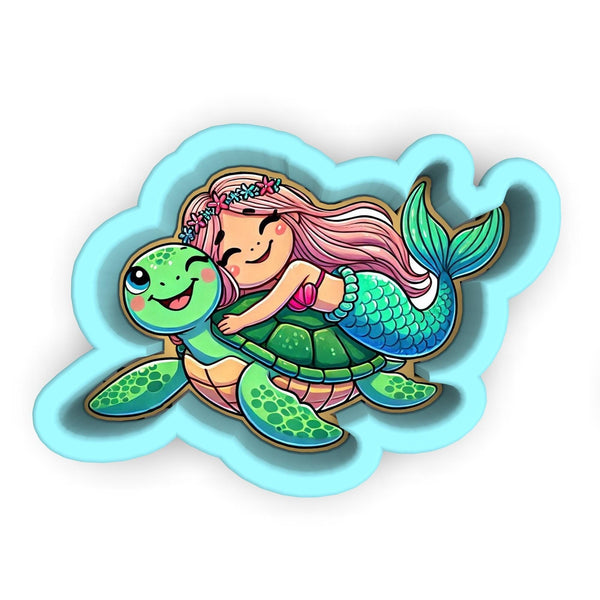 a sticker of a mermaid hugging a turtle