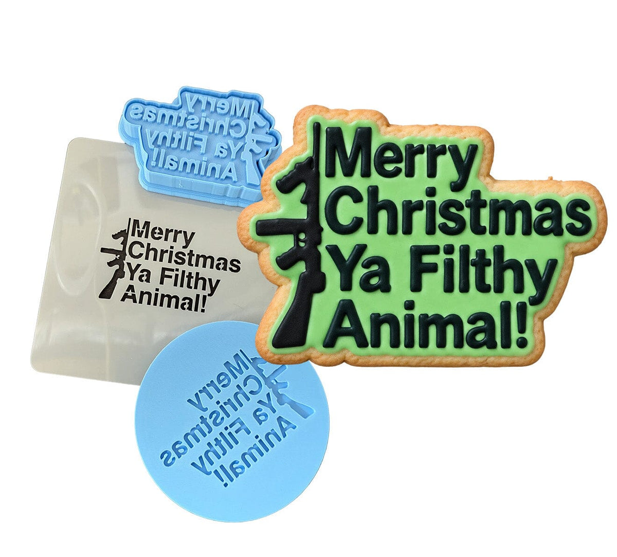 Merry Christmas Ya Filthy Animal Gun Cookie Cutter | Stamp | Stencil Xmas / Winter / NYE Cookie Cutter Lady MINI - 2 Inches (5cm) **FULL SET BUNDLE** Cutter + Stamp + Stencil + Debosser **BEST DEAL** 