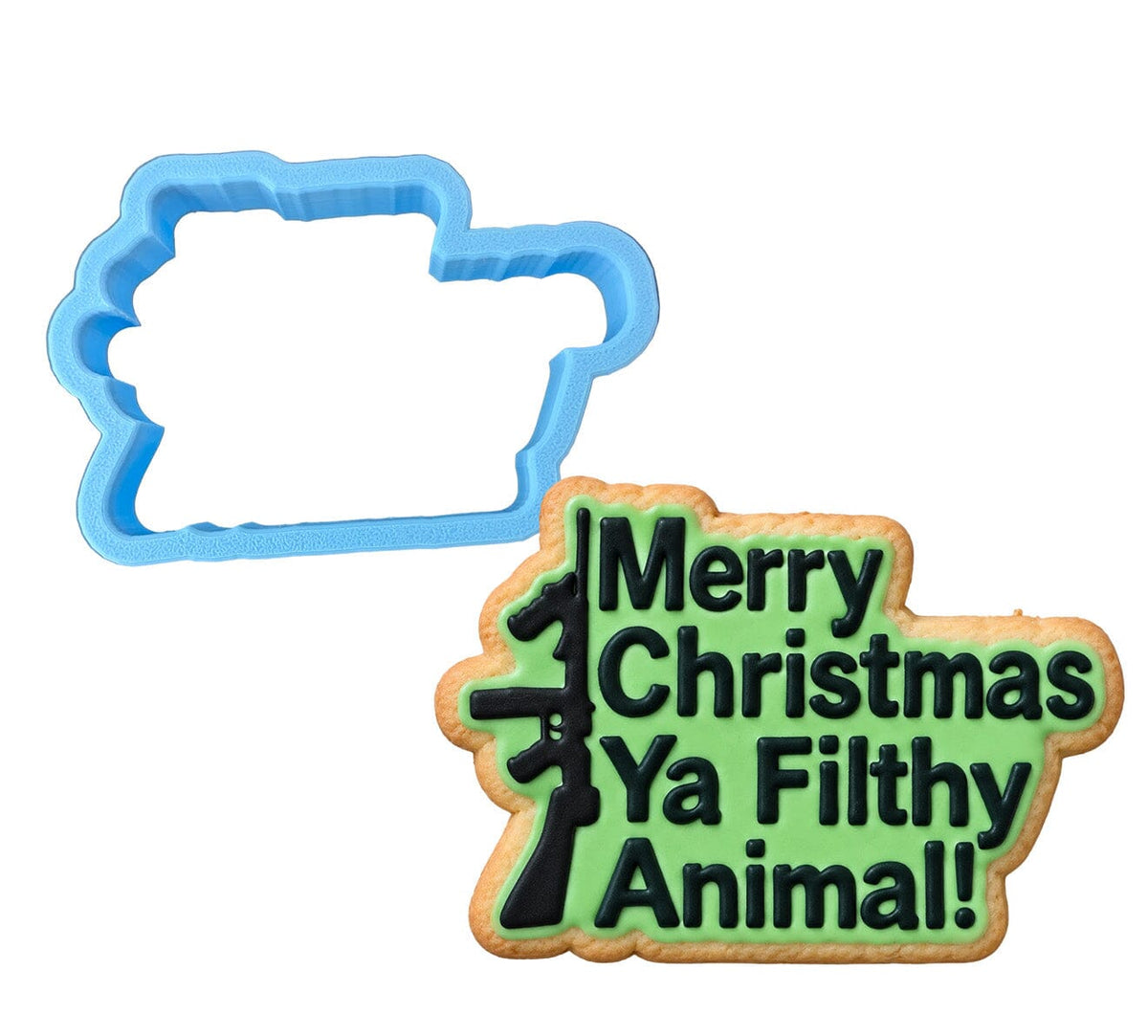 Merry Christmas Ya Filthy Animal Gun Cookie Cutter | Stamp | Stencil Xmas / Winter / NYE Cookie Cutter Lady MINI - 2 Inches (5cm) Cookie Cutter ONLY (Outline) 