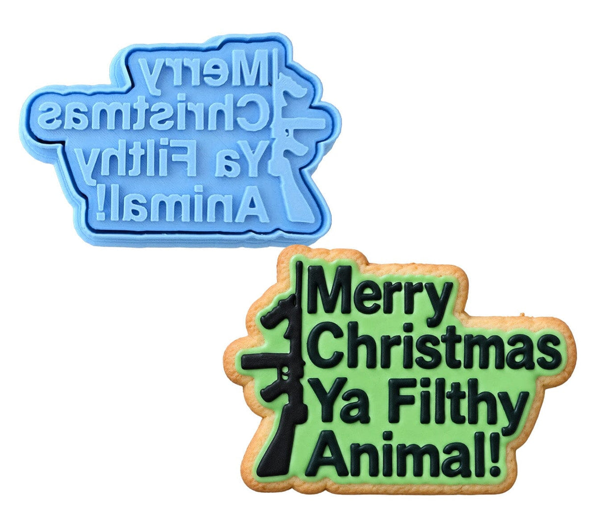 Merry Christmas Ya Filthy Animal Gun Cookie Cutter | Stamp | Stencil Xmas / Winter / NYE Cookie Cutter Lady MINI - 2 Inches (5cm) **BUNDLE** Cutter + Stamp 