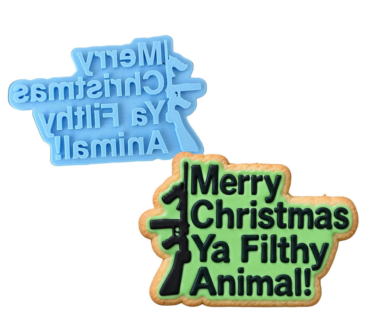 Merry Christmas Ya Filthy Animal Gun Cookie Cutter | Stamp | Stencil Xmas / Winter / NYE Cookie Cutter Lady MINI - 2 Inches (5cm) Stamp ONLY 