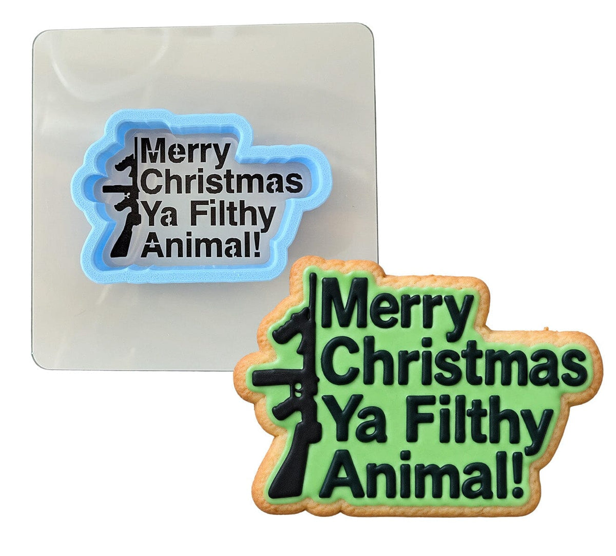 Merry Christmas Ya Filthy Animal Gun Cookie Cutter | Stamp | Stencil Xmas / Winter / NYE Cookie Cutter Lady MINI - 2 Inches (5cm) **BUNDLE** Cutter + Stencil 