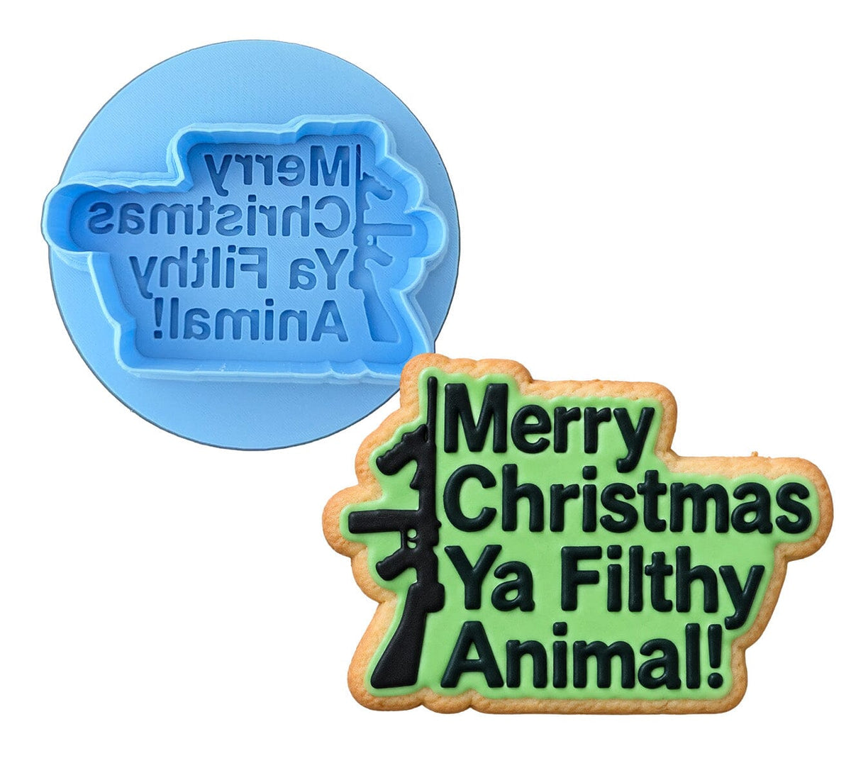 Merry Christmas Ya Filthy Animal Gun Cookie Cutter | Stamp | Stencil Xmas / Winter / NYE Cookie Cutter Lady MINI - 2 Inches (5cm) **BUNDLE** Cutter + Debosser 