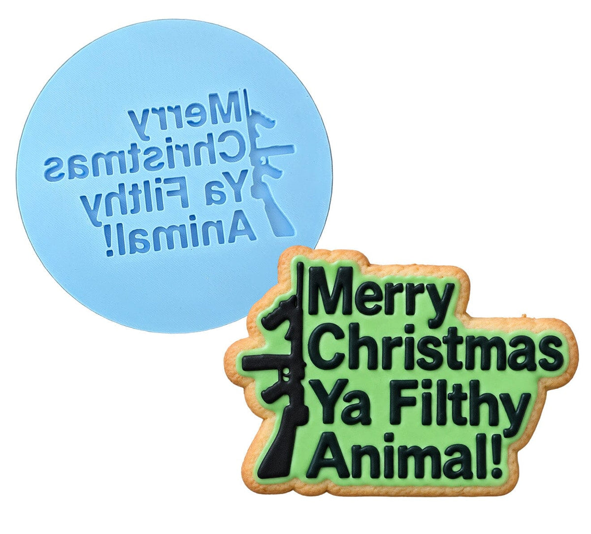 Merry Christmas Ya Filthy Animal Gun Cookie Cutter | Stamp | Stencil Xmas / Winter / NYE Cookie Cutter Lady MINI - 2 Inches (5cm) Debosser ONLY 