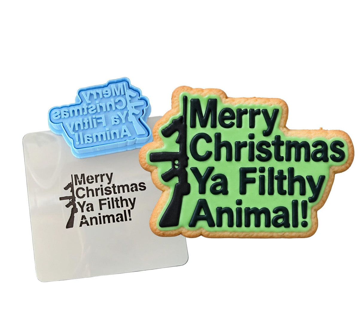 Merry Christmas Ya Filthy Animal Gun Cookie Cutter | Stamp | Stencil Xmas / Winter / NYE Cookie Cutter Lady 