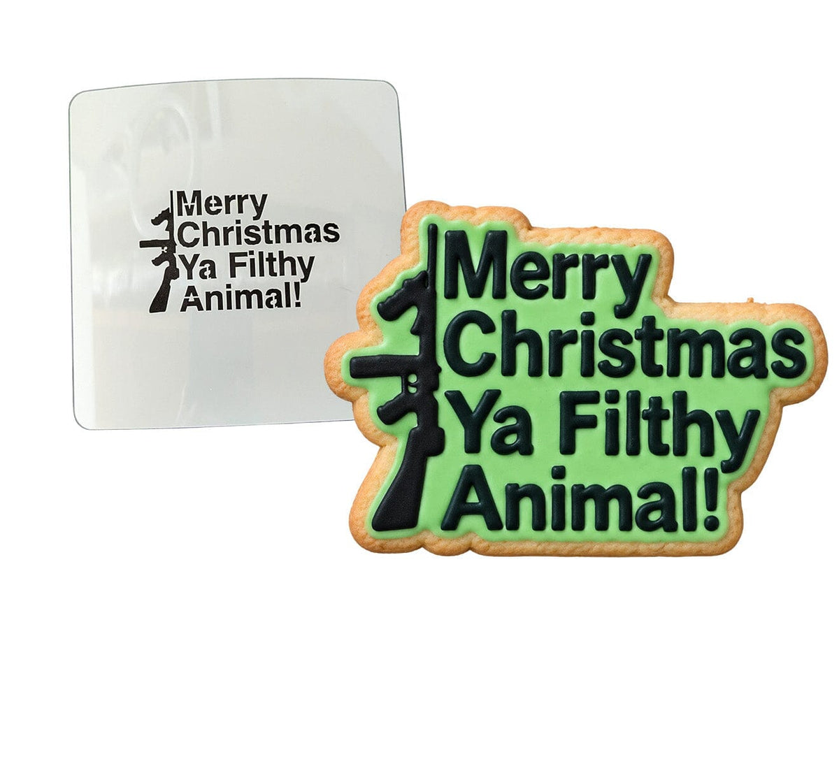 Merry Christmas Ya Filthy Animal Gun Cookie Cutter | Stamp | Stencil Xmas / Winter / NYE Cookie Cutter Lady MINI - 2 Inches (5cm) Stencil ONLY 