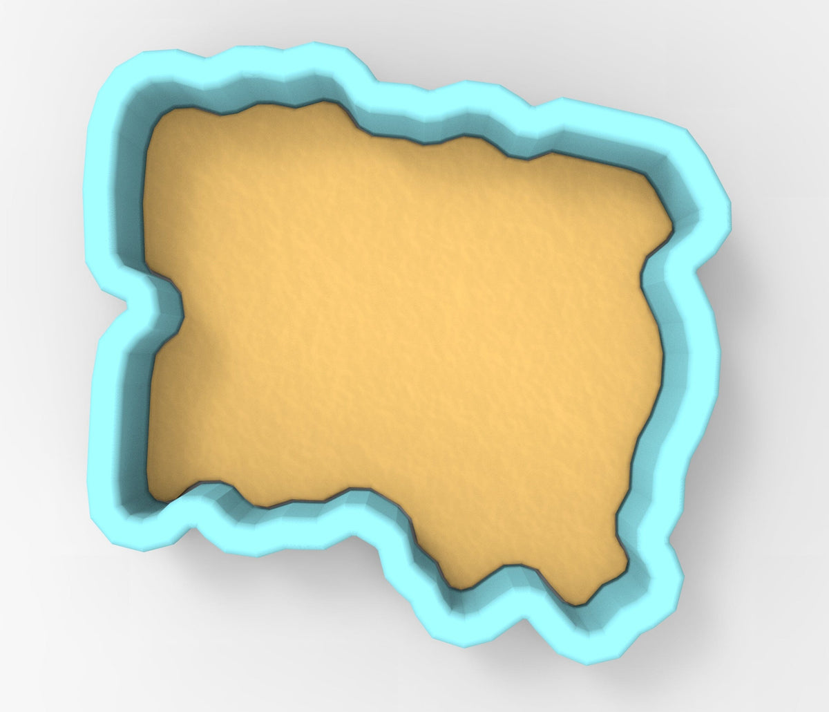 A 3D rendering of a light blue shape resembling a map or a coastline, with a sandy or beige color.