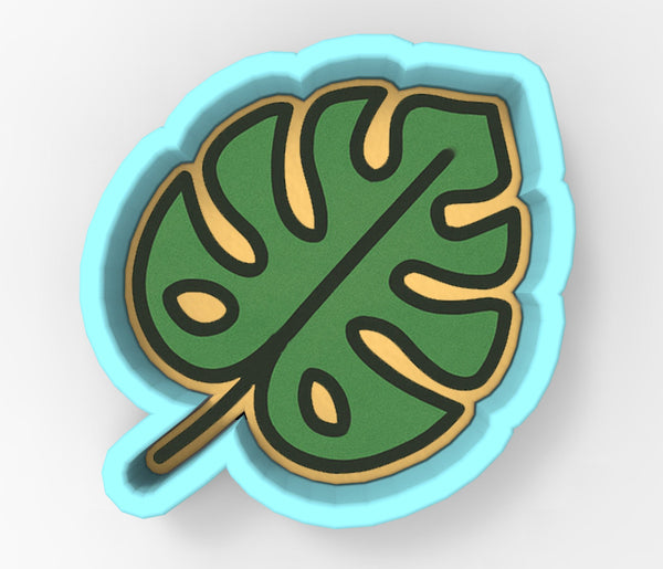 A 3D rendering of a green leaf with yellow outlines, set against a light blue background.