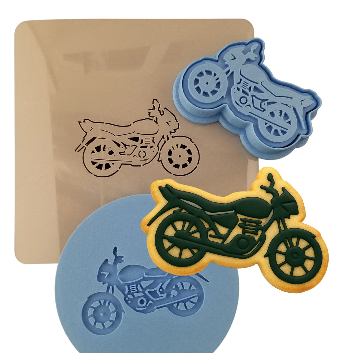 Motorcycle Cookie Cutter | Stamp | Stencil #3 Comic Book / Vehicles Cookie Cutter Lady MINI - 2 Inches (5cm) **FULL SET BUNDLE** Cutter + Stamp + Stencil + Debosser **BEST DEAL** 