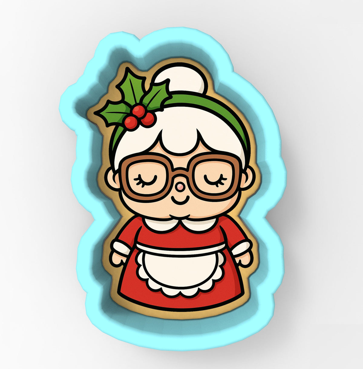 A cookie cutter in the shape of a cartoon character, depicting a smiling woman wearing glasses and a red dress.