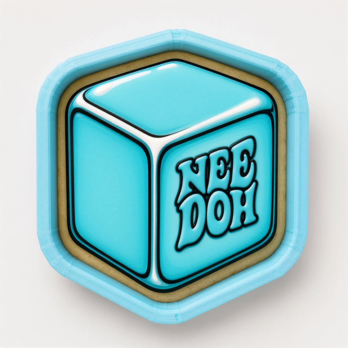 A blue hexagonal object with the text "NEE DOH" written on it.