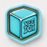 A blue hexagonal object with the text "NEE DOH" written on it.