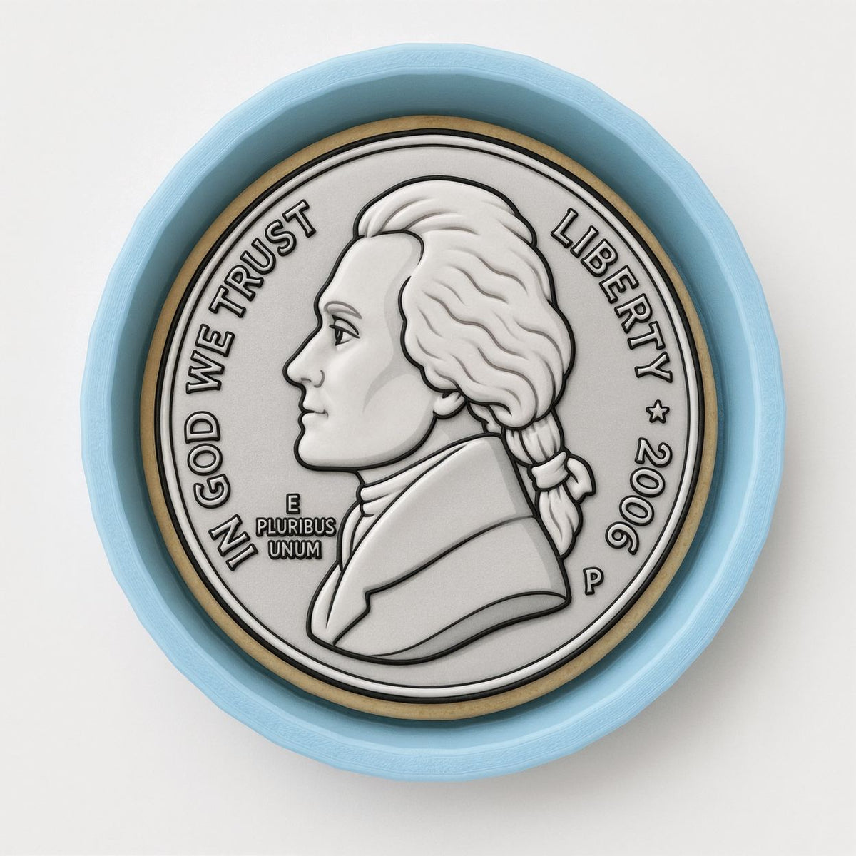 A silver coin with a profile portrait of a man, surrounded by text that reads "IN GOD WE TRUST" and "LIBERTY".