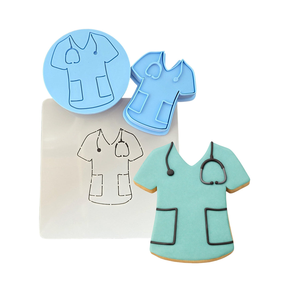 Nurse Scrubs Cookie Cutter | Stamp | Stencil #1 School / Grad Cookie Cutter Lady MINI - 2 Inches (5cm) **FULL SET BUNDLE** Cutter + Stamp + Stencil + Debosser **BEST DEAL** 