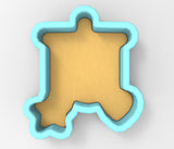 A 3D rendering of a blue-bordered, yellow-colored shape resembling a cookie cutter or a similar object.