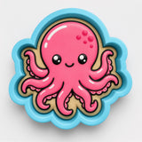 A pink octopus cookie cutter with a blue border.
