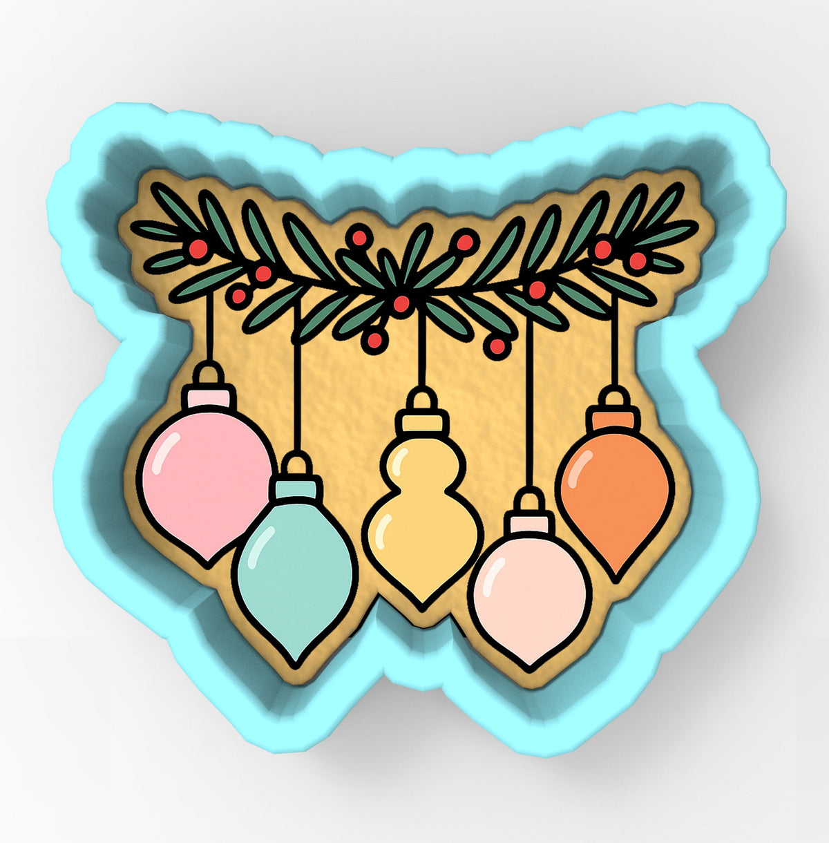 A cookie cutter-shaped design with a festive arrangement of colorful Christmas ornaments hanging from a branch with berries.