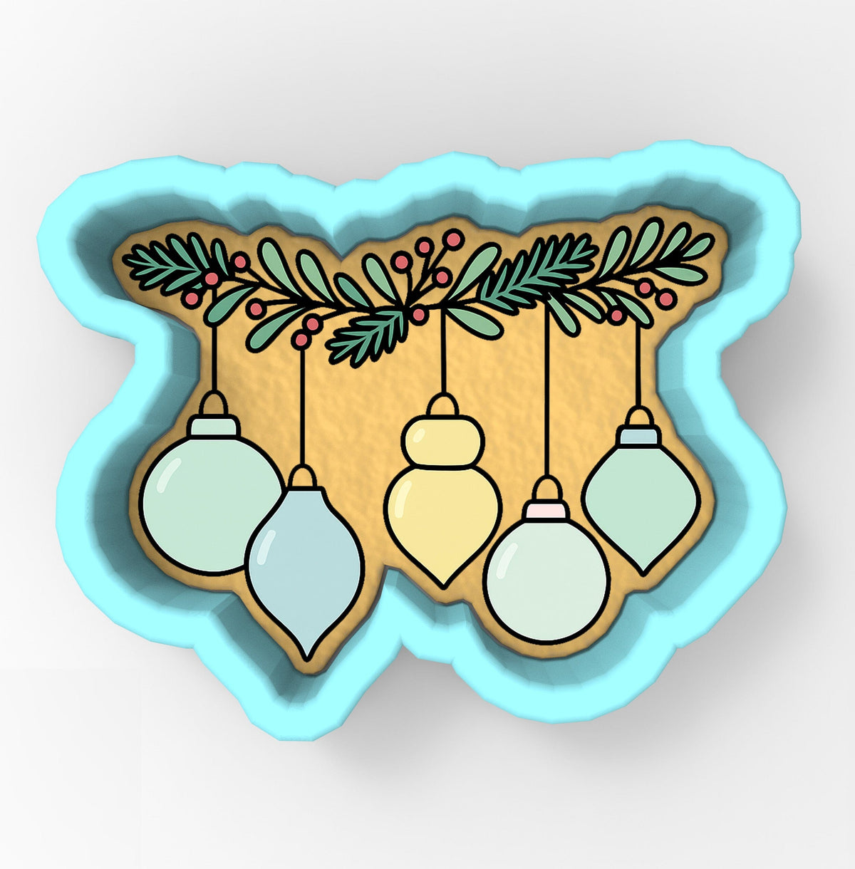 A cookie cutter-shaped design with a festive arrangement of Christmas ornaments hanging from a branch.