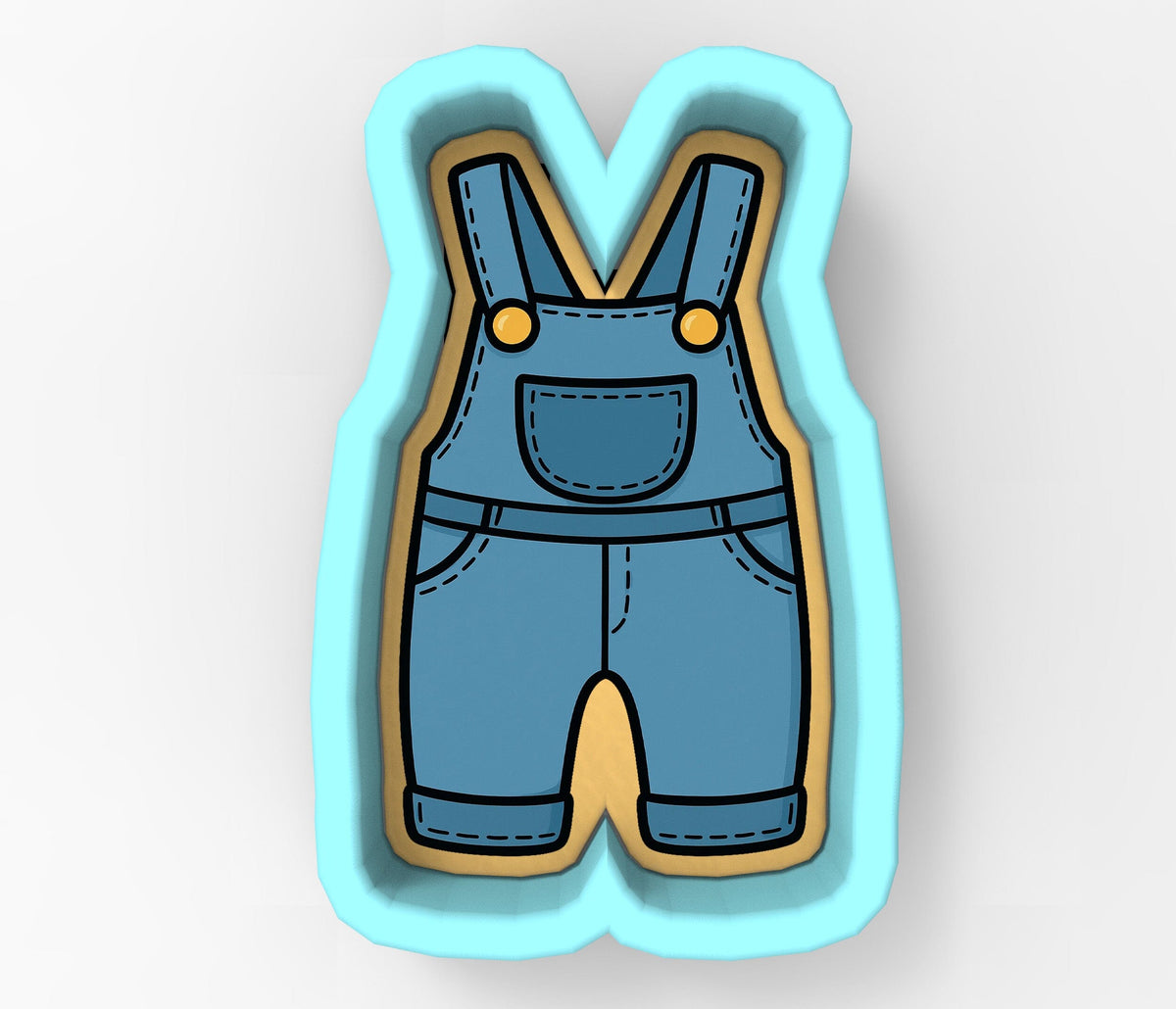 A cookie cutter in the shape of a letter 'V' with a pair of blue overalls depicted on it.