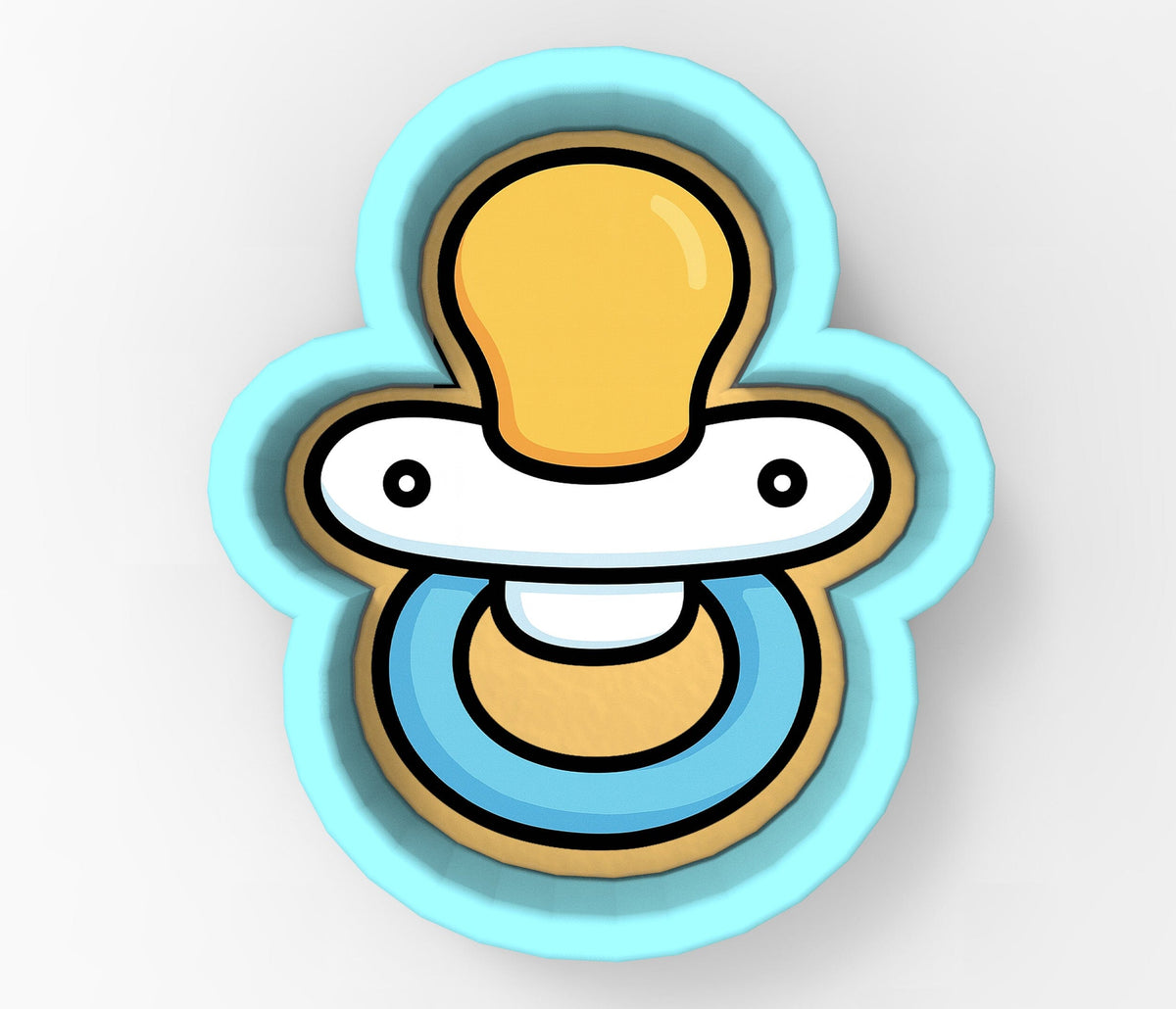 A baby pacifier cookie cutter in the shape of a smiling baby's face.
